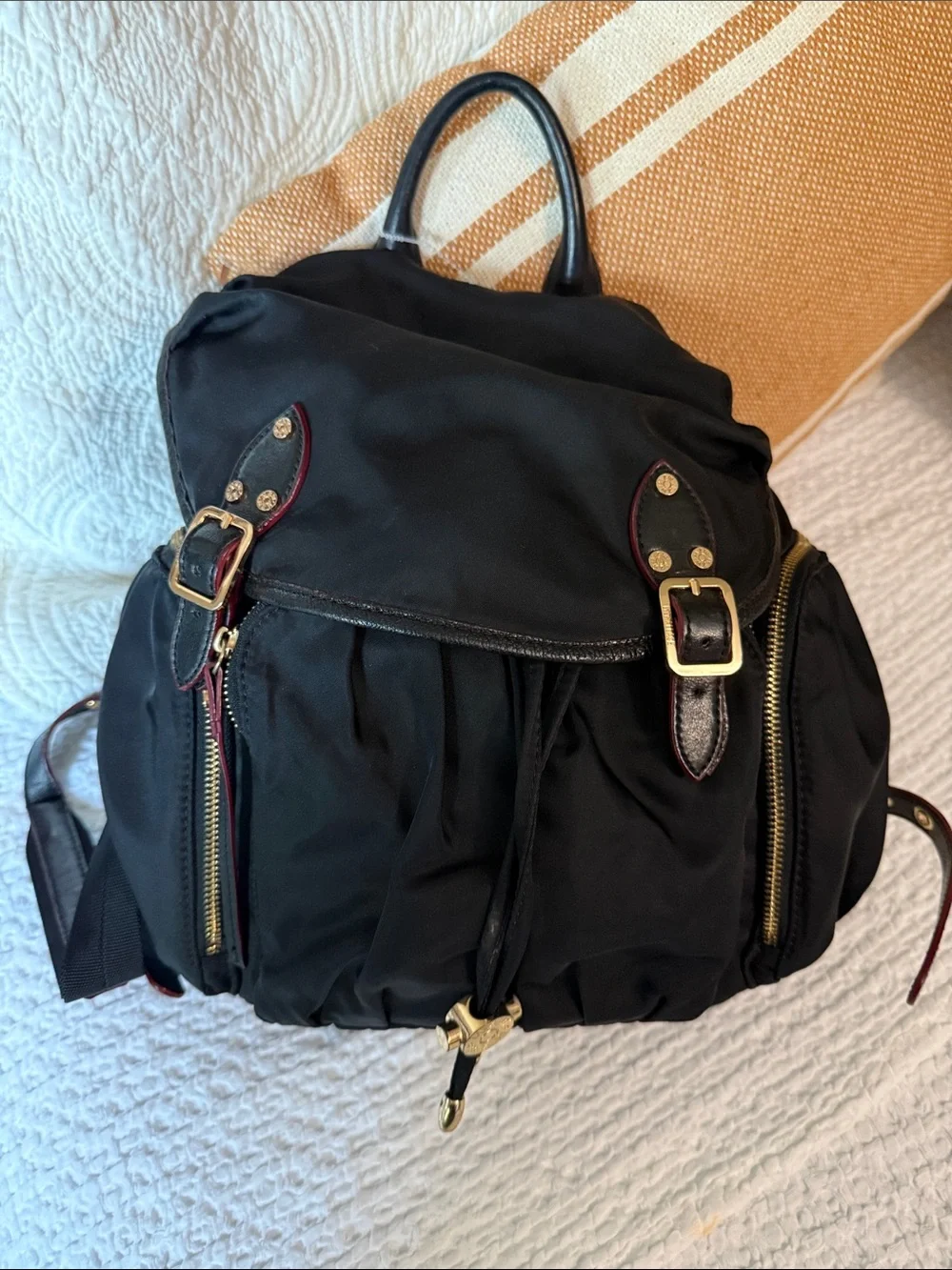 MZ Wallace Black Drawstring Backpack with Buckle Flap